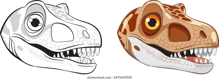 Two dinosaur heads, one colored, one monochrome