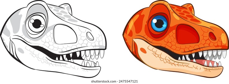 Two dinosaur heads, one colored, one monochrome