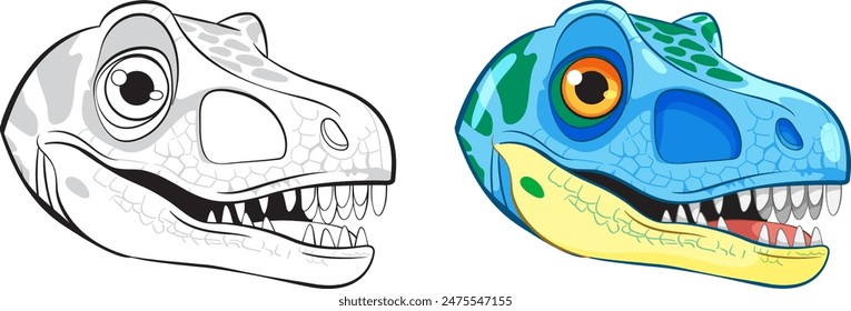 Two dinosaur heads, one colored, one black and white