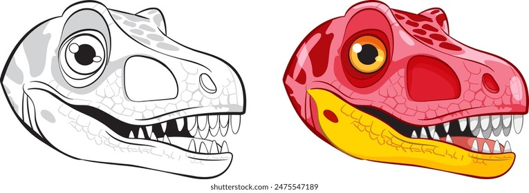 Two dinosaur heads, one colored, one black and white