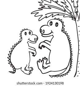 Two dinosaurs big and small, mother and son, sitting under a palm tree, coloring book, vector illustration 