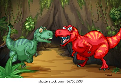 Two dinosaurs by the cave illustration