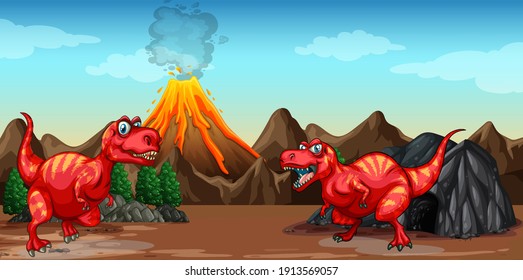 Two dinosaurs cartoon character in nature scene illustration