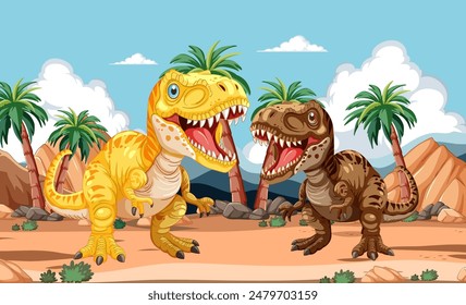Two dinosaurs in a desert with palm trees