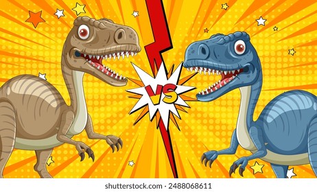 Two dinosaurs face off in a comic style