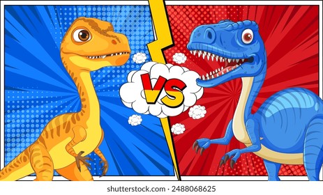 Two dinosaurs face off in a comic style