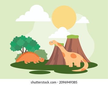 two dinosaurs illustration on nature
