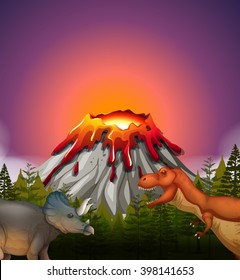Two dinosaurs living by the volcano illustration