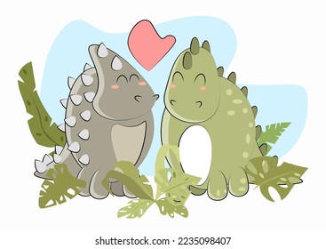Two dinosaurs love each other in illustration