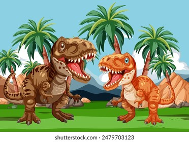 Two dinosaurs in a lush, tropical setting