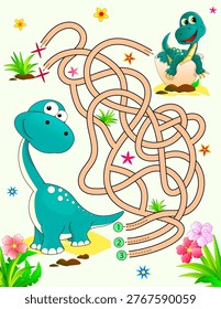 Two dinosaurs. A maze game for kids. Help one dinosaur find its way to the baby dinosaur hatched from its egg. Cute cartoon dinosaurs.