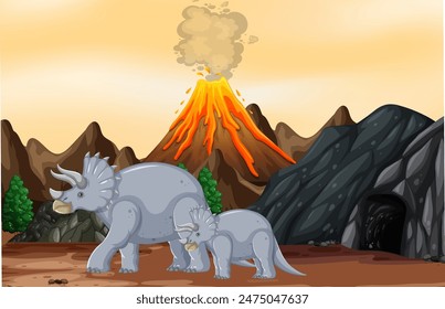 Two dinosaurs near an erupting volcano