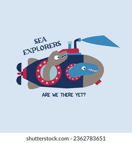 Two Dinosaurs on Submarine explore the sea vector
