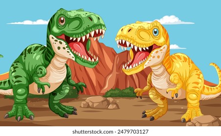 Two dinosaurs roaring in a rocky landscape