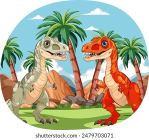 Two dinosaurs standing among palm trees and mountains