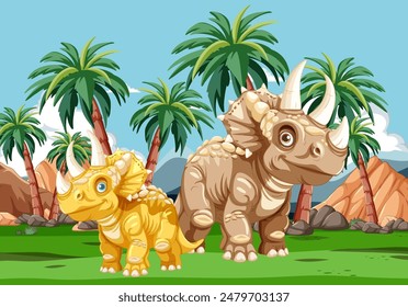 Two dinosaurs standing among palm trees