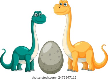 Two dinosaurs standing beside a large egg