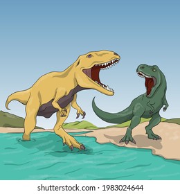 Two dinosaurs tirex in the water