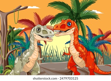 Two dinosaurs in a vibrant jungle setting