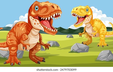 Two dinosaurs in a vibrant prehistoric scene