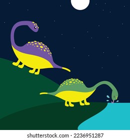 two dinosaurs walk under the moon