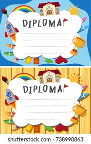 Two diploma template with school and stationery items illustration