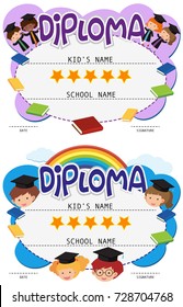 Two diploma templates with kids in graduation gown illustration