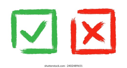 Two dirty grunge cross x and tick OK check marks in check boxes, hand drawn with brush strokes vector illustration isolated on white background. Check mark symbol NO and YES buttons for web vote, etc.