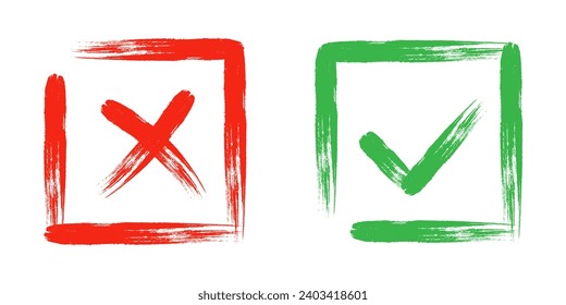 Dos marcas de verificación de cruz de grunge sucia x y marcar OK en las casillas de verificación, dibujadas a mano con la ilustración vectorial de trazos de pincel aislados en fondo blanco. Marque los botones NO y SÍ del símbolo de marca para el voto web, etc.