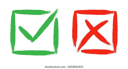 Dos marcas de verificación de cruz de grunge sucia x y marcar OK en las casillas de verificación, dibujadas a mano con la ilustración vectorial de trazos de pincel aislados en fondo blanco. Marque los botones NO y SÍ del símbolo de marca para el voto web, etc.