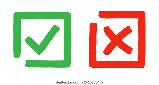 Dos marcas de verificación de cruz de grunge sucia x y marcar OK en las casillas de verificación, dibujadas a mano con la ilustración vectorial de trazos de pincel aislados en fondo blanco. Marque los botones NO y SÍ del símbolo de marca para el voto web, etc.