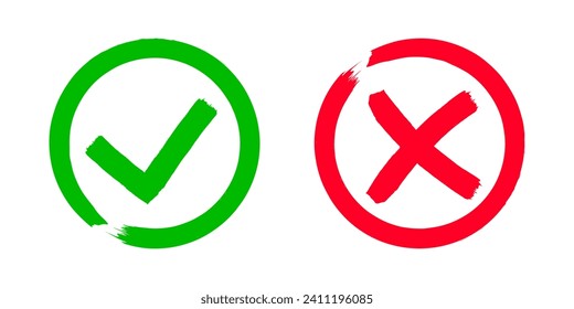 Two dirty grunge cross x and tick OK check marks in check boxes, hand drawn with brush strokes vector illustration isolated on white background. Check mark symbol NO and YES buttons for web vote, etc.