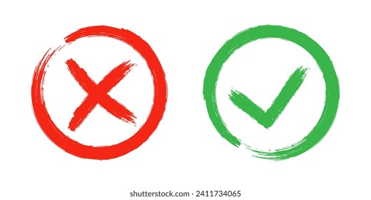 Two dirty grunge cross x and tick OK check marks in check boxes, hand drawn with brush strokes vector illustration isolated on white background. Check mark symbol NO and YES buttons for web vote, etc.
