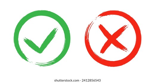 Two dirty grunge cross x and tick OK check marks in check boxes, hand drawn with brush strokes vector illustration isolated on white background. Check mark symbol NO and YES buttons for web vote, etc.