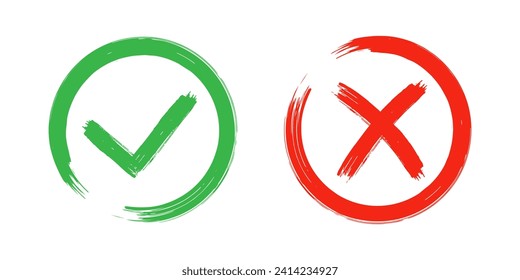 Two dirty grunge cross x and tick OK check marks in check boxes, hand drawn with brush strokes vector illustration isolated on white background. Check mark symbol NO and YES buttons for web vote, etc.