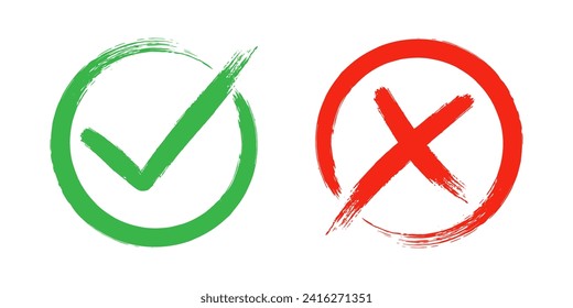 Two dirty grunge cross x and tick OK check marks in check boxes, hand drawn with brush strokes vector illustration isolated on white background. Check mark symbol NO and YES buttons for web vote, etc.