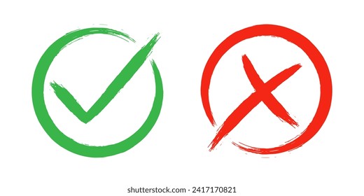 Two dirty grunge cross x and tick OK check marks in check boxes, hand drawn with brush strokes vector illustration isolated on white background. Check mark symbol NO and YES buttons for web vote, etc.