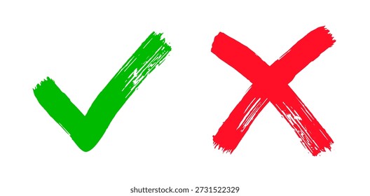 Zwei schmutzige farbige Kreuze x und Häkchen OK Häkchen in Kontrollkästchen, handgezeichnet mit Pinselstrichen, Vektorgrafik einzeln auf weißem Hintergrund. Häkchen Symbol Nr. und JA-Tasten für Web-Abstimmung, etc.