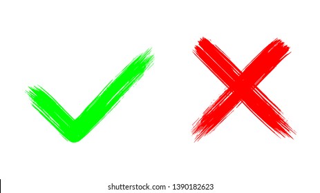 Two dirty grunge hand drawn with brush strokes cross x and tick OK check marks vector illustration isolated on white background. Check mark symbol NO and YES buttons for vote in check box, web, etc. 