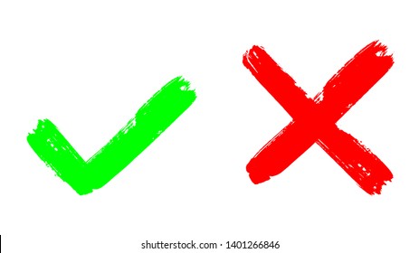 Two dirty grunge hand drawn with brush strokes cross x and tick OK check marks vector illustration isolated on white background. Check mark symbol NO and YES buttons for vote in the box, web, etc. 