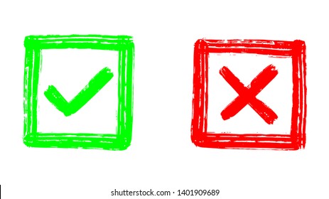 Two dirty grunge hand drawn with brush strokes cross x and tick OK check marks vector illustration isolated on white background. Check mark symbol NO and YES buttons for vote in check box, web, etc. 