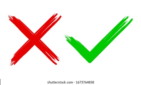 Two dirty grunge hand drawn with brush strokes cross x and tick OK check marks vector illustration isolated on white background. Check mark symbol NO and YES buttons for vote in check box, web, etc.