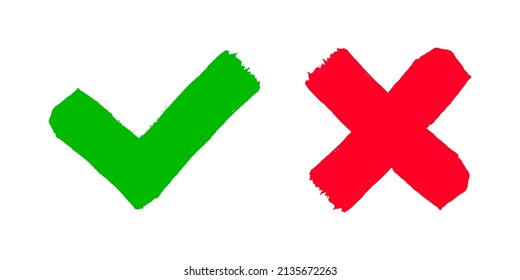 Two dirty grunge hand drawn with brush strokes cross x and tick OK check marks vector illustration isolated on white background. Check mark symbol NO and YES buttons for vote box, web, etc.