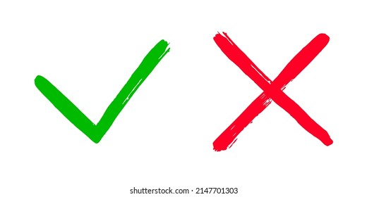 Zwei schmutzige, mit Pinselstrichen gezeichnete Hand, die x kreuzen und OK markieren Vektorgrafik einzeln auf weißem Hintergrund. Markieren Sie die Schaltflächen NO und JA für Abstimmbox, Web usw.