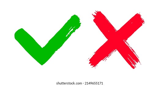 Two dirty grunge hand drawn with brush strokes cross x and tick OK check marks vector illustration isolated on white background. Check mark symbol NO and YES buttons for vote box, web, etc.