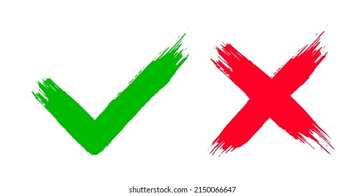Dos manos de grunge sucio dibujadas con trazos de pincel cruzan x y marcan la marca OK marca la ilustración vectorial aislada en fondo blanco. Marque los botones NO y SÍ del símbolo de marca para la casilla de votación, la web, etc.