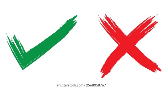 Two dirty grunge hand drawn with brush strokes cross x and tick OK check marks vector illustration isolated on white background. Check mark symbol NO and YES buttons for vote in check box, web, etc.