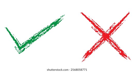 Two dirty grunge hand drawn with brush strokes cross x and tick OK check marks vector illustration isolated on white background. Check mark symbol NO and YES buttons for vote in check box, web, etc.