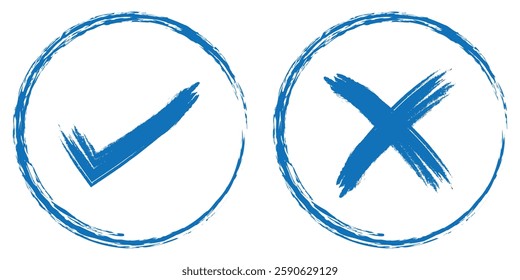 Two dirty grunge hand drawn with brush strokes cross x and tick OK check marks vector illustration isolated on white background. Check mark sign NO and YES buttons for vote in check box, web. eps 888.