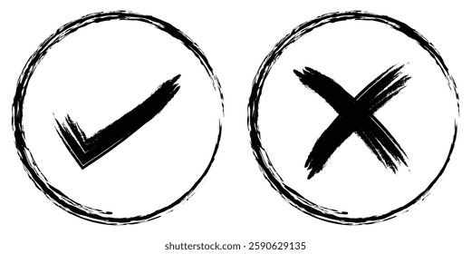 Two dirty grunge hand drawn with brush strokes cross x and tick OK check marks vector illustration isolated on white background. Check mark sign NO and YES buttons for vote in check box, web. eps 888.